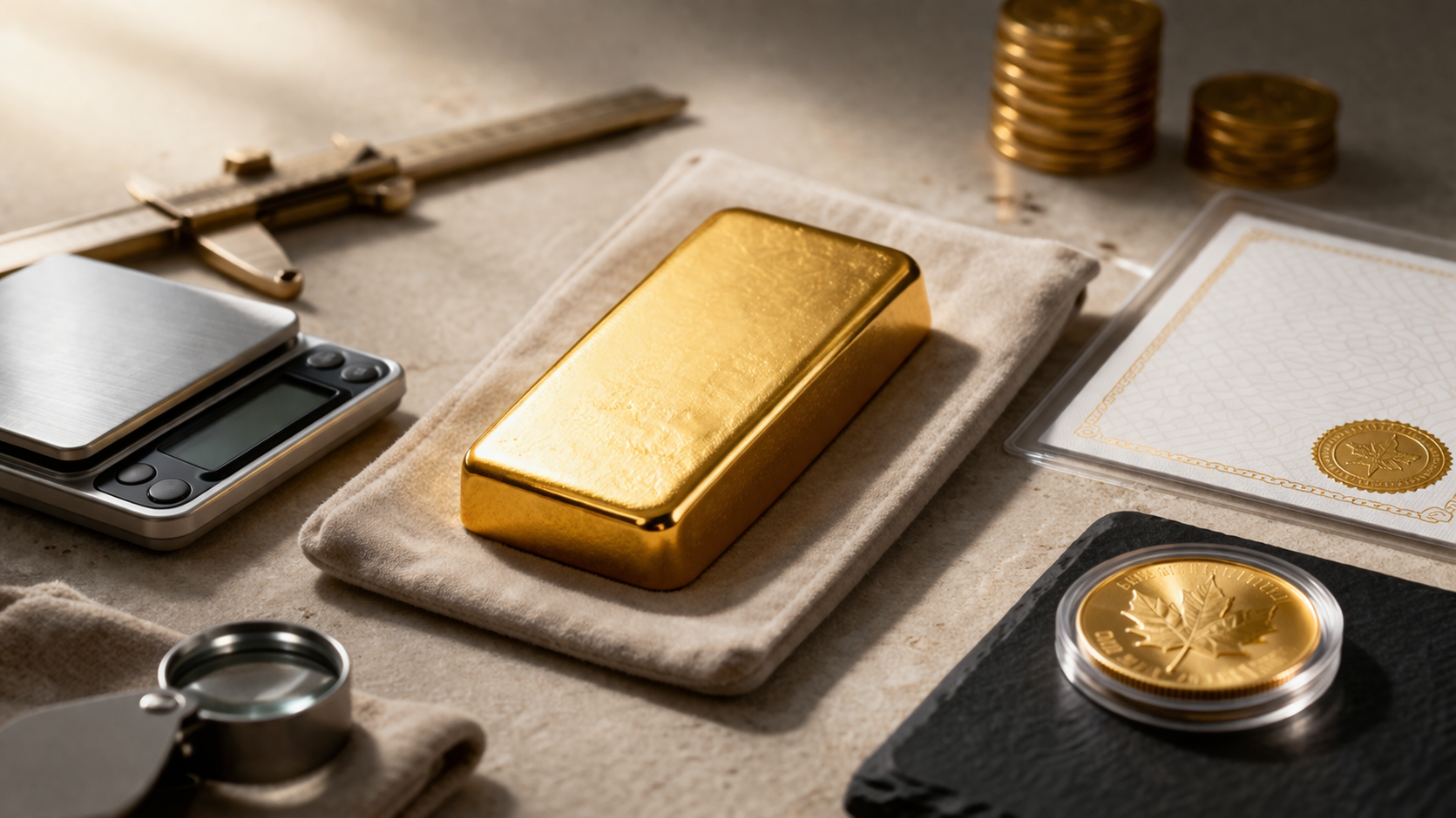 Lingot et pièces d'or contrôlés avec balance de précision
