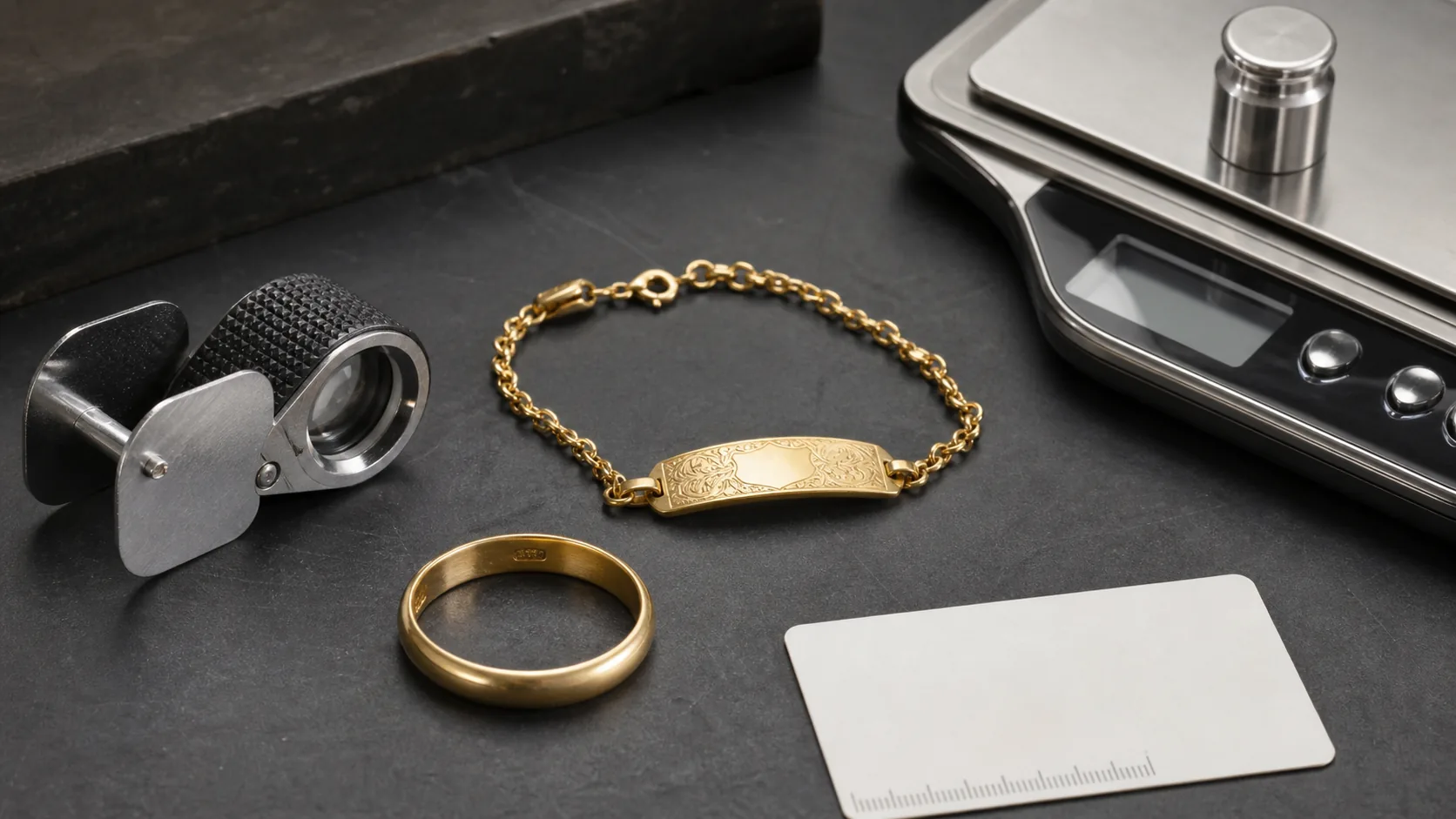 Bague et bracelet en or examinés avec une loupe à côté d’une balance de précision